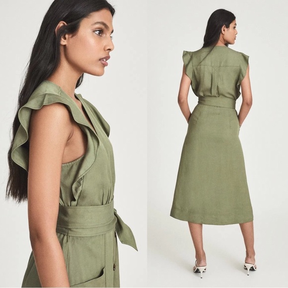 REISS • Emma Plunge Frill Shoulder Dress green midi button front tie waist belt - Picture 12 of 14